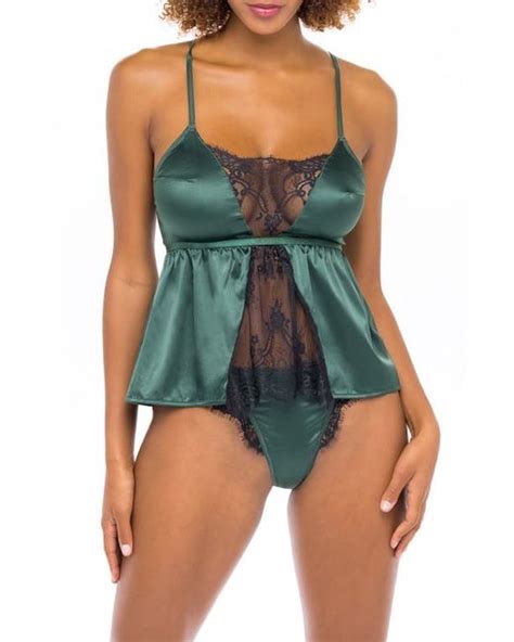 Oh La La Cheri Satin Lace Camisole Panties Set In At In Green Stylemi