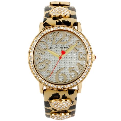 Betsey Johnson Womens Crystal Heart Leopardprint Leather Strap Watch