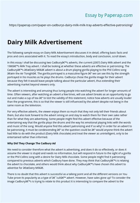 Dairy Milk Advertisement Analysis Essay Example