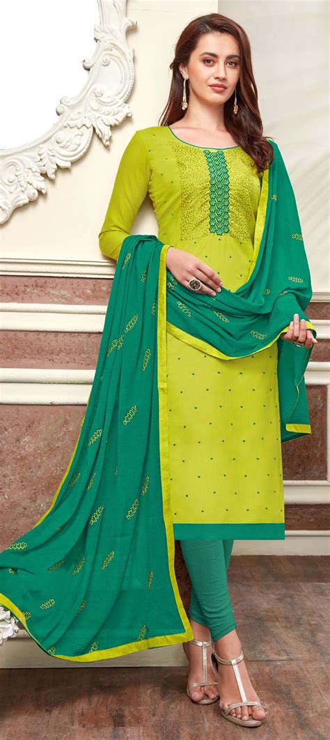 Party Wear Green Color Cotton Fabric Salwar Kameez 1573494