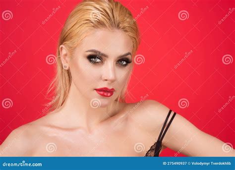 Eyes Make Up Red Lipstick On Plump Lips Young Woman With Perfect Skin