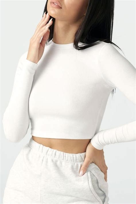 Cropped Crew Long Sleeve White Rib Joah Brown White Long Sleeve Crop Top Long Sleeve