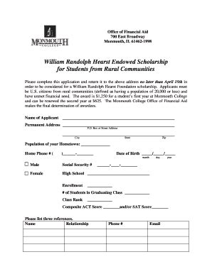 Fillable Online Monmouthcollege Hearst Scholarship Application Form