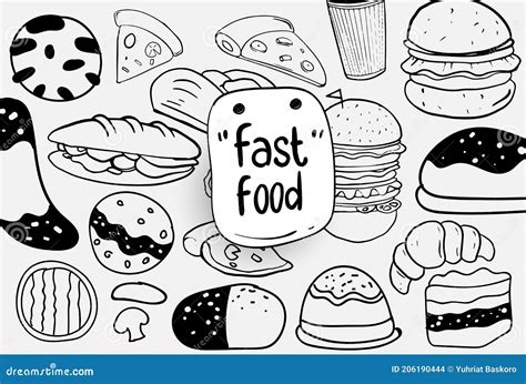 Set Of Hand Drawn Food Isolated On White Background Doodle Set Of Fast