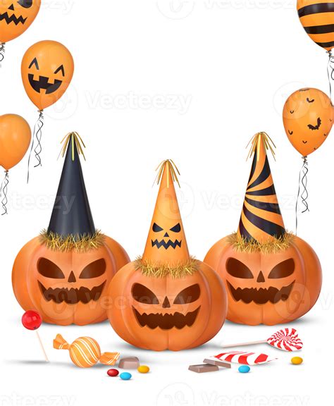 3d Rendering Halloween Pumpkins With Party Hats And Candies 31142292 Png