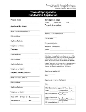 Fillable Online Town Of Springerville Subdivision Application Fax Email