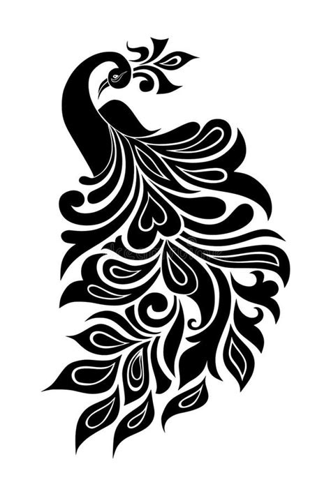 Peacock Stencil Design Black Doodle Print Engraved Retro Pattern