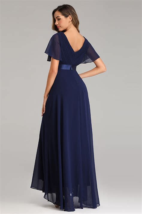 Flowy Chiffon Dark Navy Blue Prom Dress With V Neck Ruffled Sleeve Promdress Me Uk