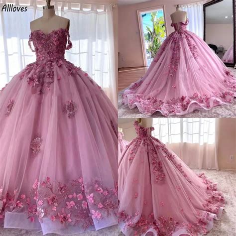 Off Shoulder Pink Tulle Pink Floral Quinceanera Dresses With 3d Floral