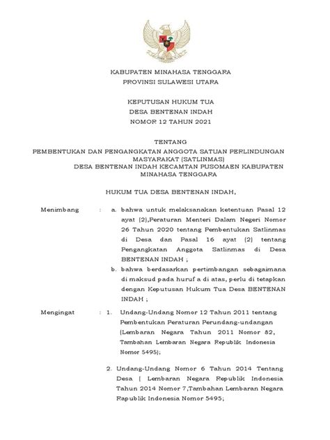 Sk Pembentukan Dan Pengangkatan Anggota Satlinmas Desa Minanga Satu Pdf