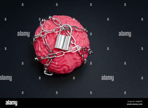 Close Up Of A Human Brain Model Confined By Chains And Secured With A