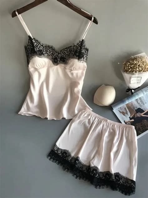 Conjunto De Pijama Feminino Cetim Com Renda Sem Mangas Sem Al As Tops