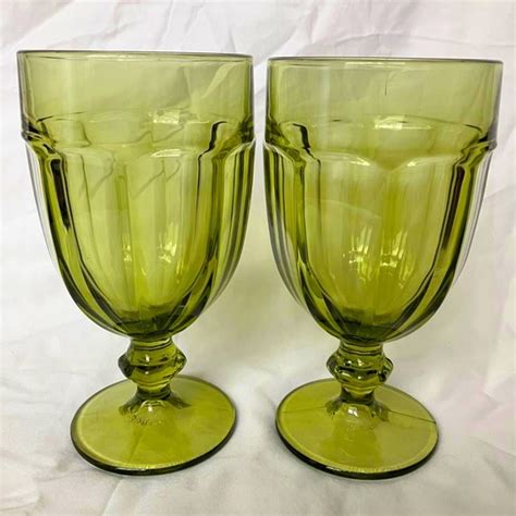 Libbey Dining Vintage Olive Green Waterwine Glass Goblets Libbey