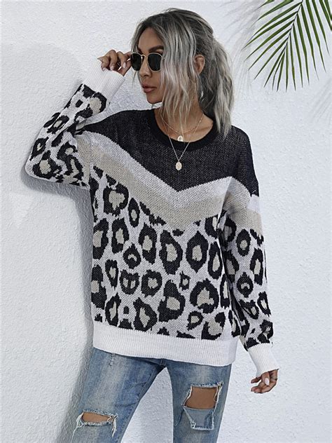 Moda Leopardo Retalhos Jumper Camisola Feminina Nova Casual Manga Cheia