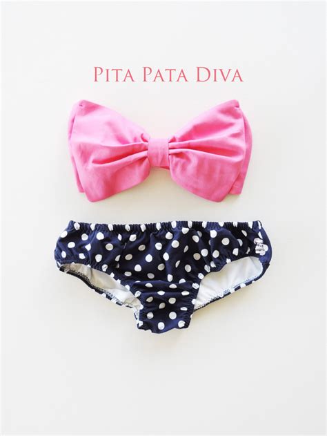 Bubble Gum Pink Bow Bikini Bandeau Style Top Navy Blue White Polka Dot