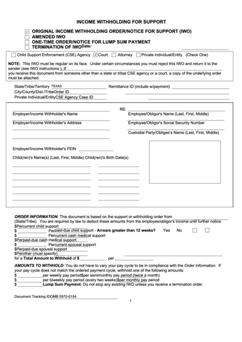 Fillable Form Omb 0970 0154 Income Withholding Order For Support