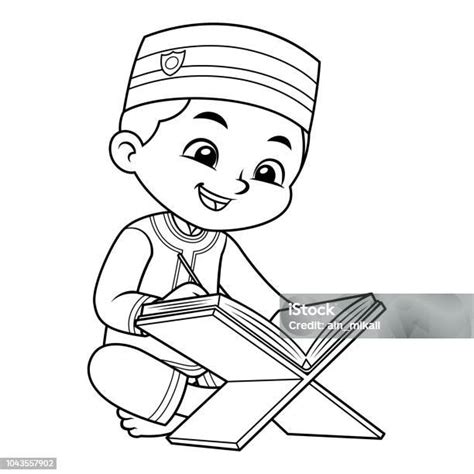 Anak Muslim Membaca Al Quran Bw Ilustrasi Stok Unduh Gambar Sekarang