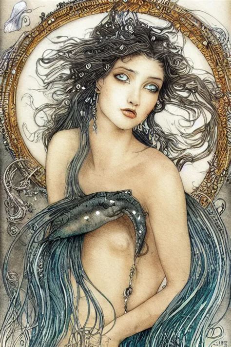 Mermaid With Dark Skin And Long Flowing Hair Face Stable Diffusion