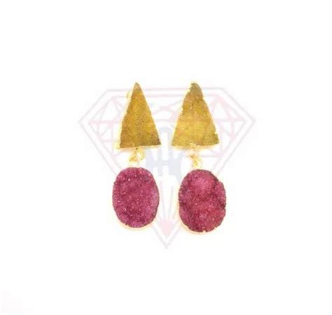 Brass Druzy Gemstone Stud Earring With Gold Plated And Lemon And Red