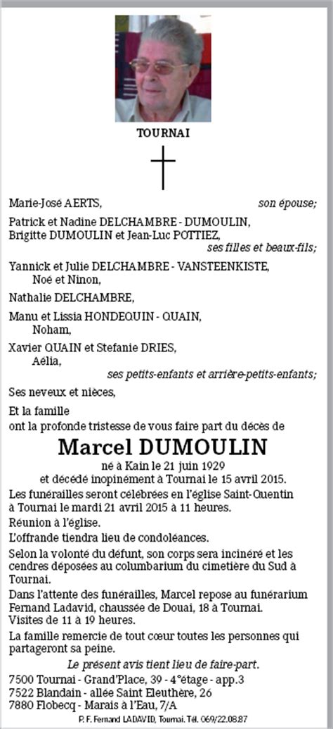 Marcel Dumoulin De Tournai Annonce De Décès Sur Enmemoire Be En Mémoire