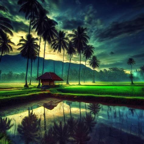 Premium Ai Image Majestic View Of Paddy Field A Small Hut Coconut