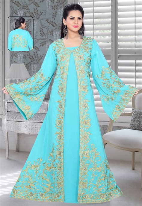 Aqua Faux Georgette Embroidered Readymade Kaftan 194578