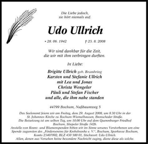 Traueranzeigen Von Udo Ullrich Trauer In Nrw De