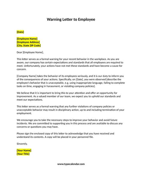 Free Printable Professional Warning Letter Sample Pdf Employee