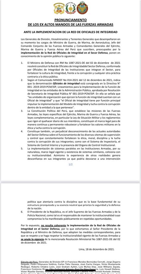 Perú Día 0143 Ex Altos Mandos de las FFAA se pronuncian contra los