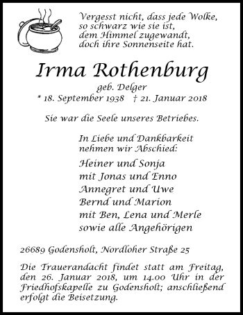 Traueranzeigen Von Irma Rothenburg Nordwest Trauer De