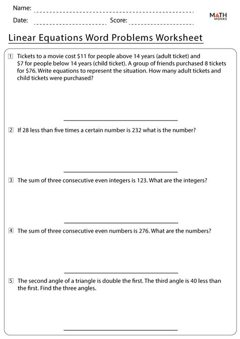 Linear Equations Word Problems Worksheets With Answer Key Worksheets Library