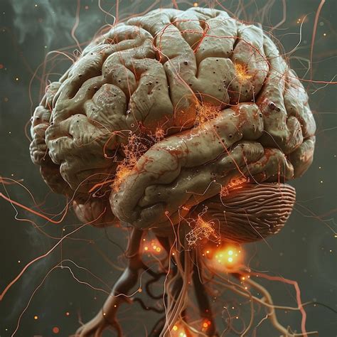 3d Rendered Photo Of Realistic Human Brain Showing Firing Neurons And