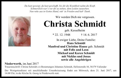 Traueranzeigen Von Christa Schmidt Rz Trauer De