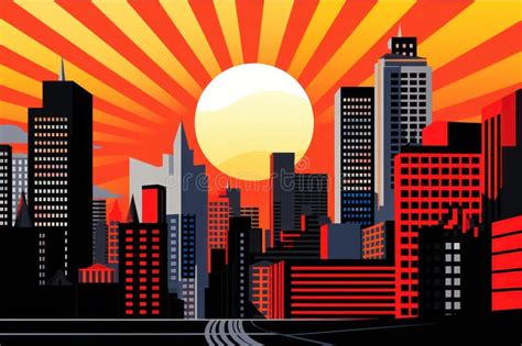 Comic Retro Pop Art Style Sunrise In The City Stock Illustration