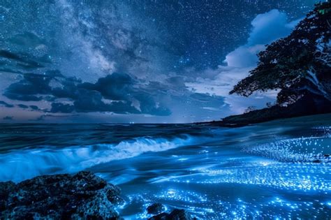 Premium Photo | Bioluminescent Beach Under Starry Night Sky