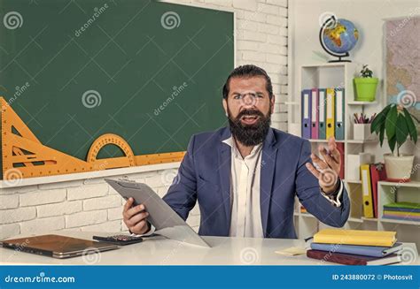 Mature Bearded Teacher At Lesson Brutal Bearded Man Work In Classroom