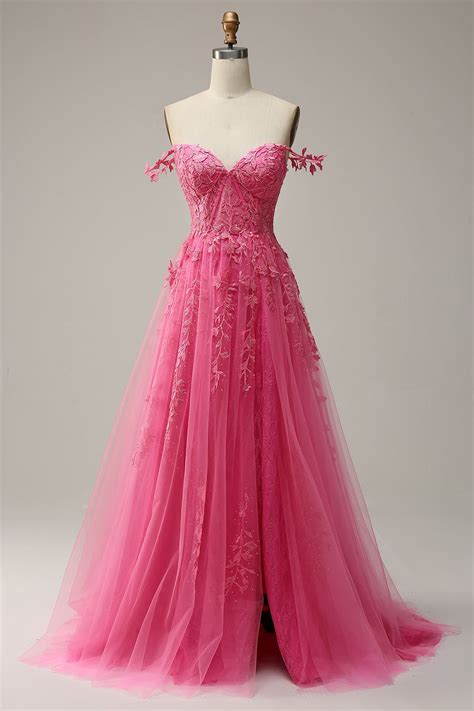 A Line Off The Shoulder Hot Pink Long Prom Dress With Appliques Hot Pink Prom Dress Prom