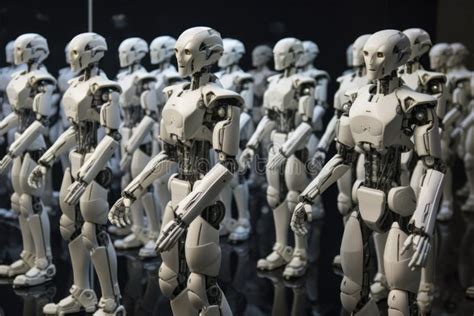 Crowd Of White Ai Humanoid Robots Standing In A Row Generative Ai