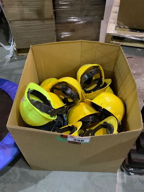 BOX OF HARD HATS, AND HI VIS SAFETY VESTS