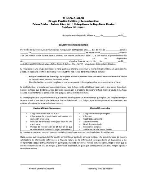 Tarea Consentimiento Informado Cl Nica Gimasu Cirug A Pl Stica