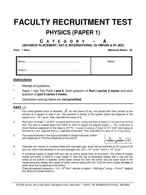 FIITJEE Question Paper 1 | PDF | Gases | Continuum Mechanics