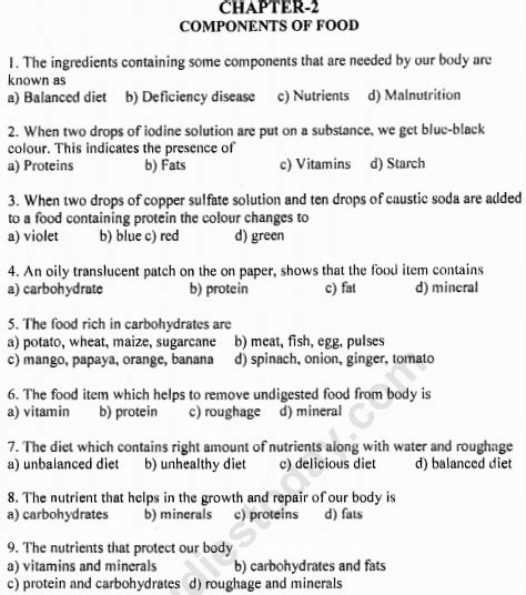 Cbse Class 6 Science Components Of Food Mcqs Set B Multiple Choice Questions For Science