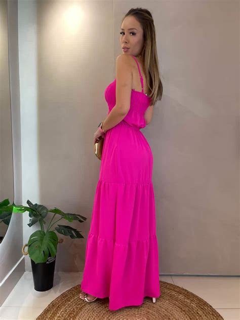 Vestido Midi Decote Vazado Argola Lastex Alcinha Babados Pink Neon