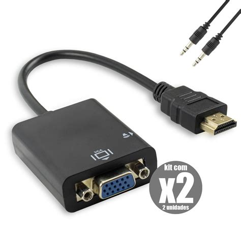 KIT 2x Cabo Conversor HDMI Macho para VGA Fêmea Áudio Auxiliar P2