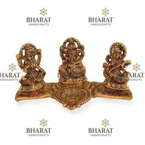 Bharat Handicraft Gold Plated Metal Laxmi Ganesh Saraswati With Deepak