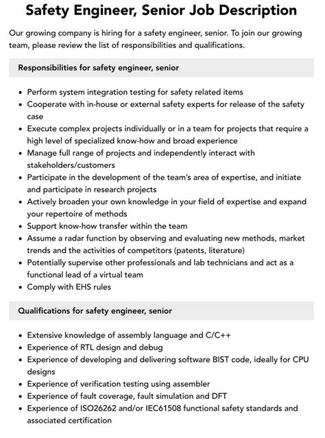 Safety Engineer Senior Job Description Velvet Jobs