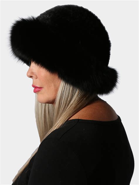 Black Knit Mink Fur Hat With Fox Trim Estate Furs