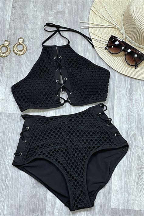 Bikini Taille Haute En Filet Noir Avec Lacets Et Dos Nu