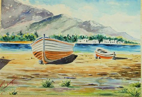 Unknown - Seaside Mountain View Watercolor Landscape Greek Inland 1940 ...