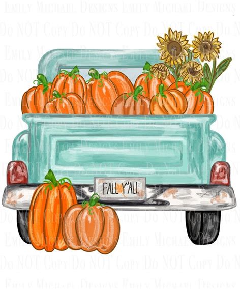 Antique Truck With Pumpkins Turquoise Pumpkin Truck Sublimation PNG Old